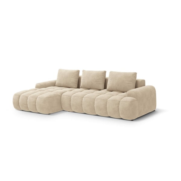 Béžová zamatová rozkladacia/s úložným priestorom rohová pohovka (ľavý roh/s leňoškou) Linz – Cosmopolitan Design-image-2