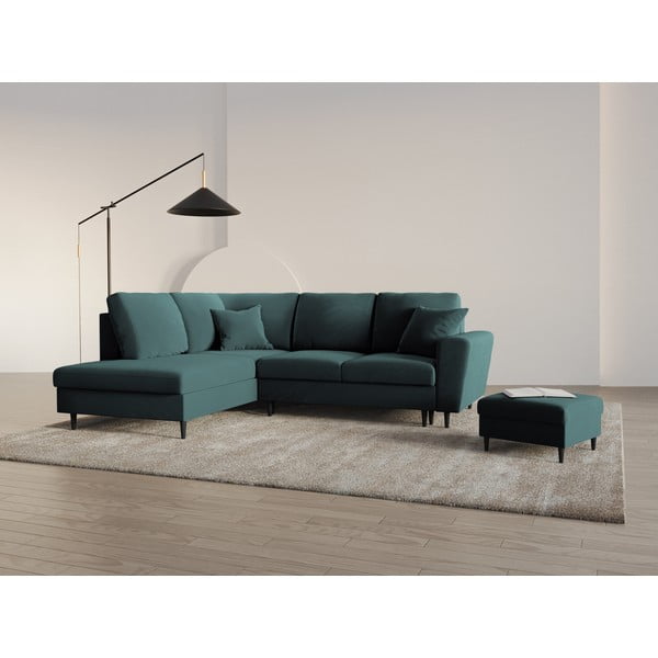 Zamatová rozkladacia/s úložným priestorom rohová pohovka v petrolejovej farbe (ľavý roh/do L) Kyoto – Cosmopolitan Design-image-2