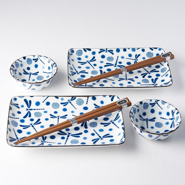 6-dielny set modro-bieleho keramického riadu na sushi MIJ Blue Dragonfly-image-1