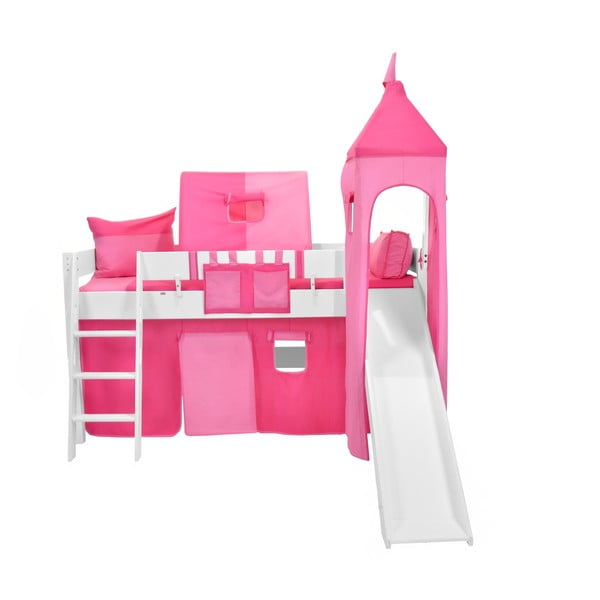 Detská biela poschodová posteľ so šmýkačkou a ružovým hradným bavlneným setom Mobi furniture Luk, 200 x 90 cm