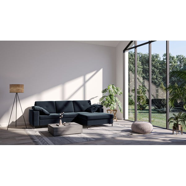 Tmavomodrá zamatová rozkladacia rohová pohovka Ghado Moor, pravý roh-image-3