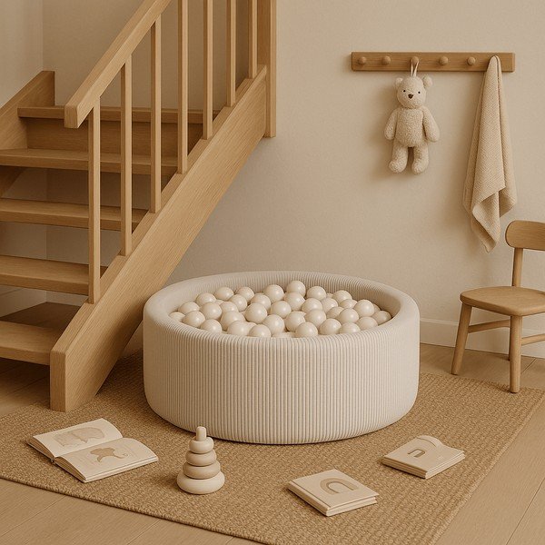 Krémový menčestrový bazénik s loptičkami ø 90x30 cm Montessori – Meowbaby-image-2