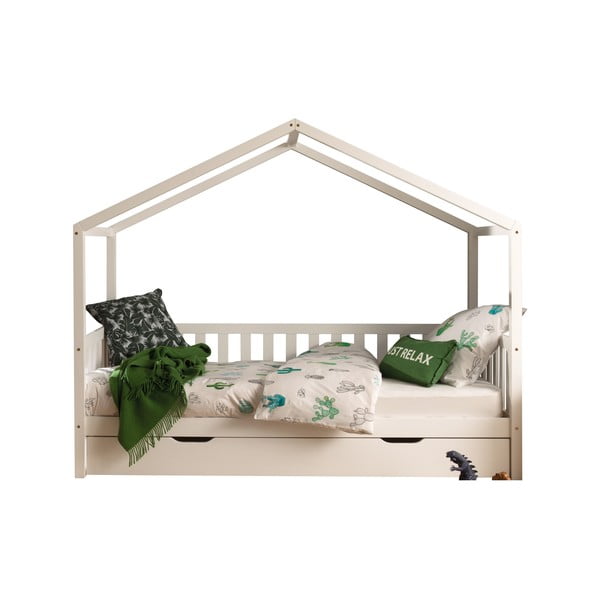 Biela domčeková detská posteľ z borovicového dreva s výsuvným lôžkom a úložným priestorom 90x200 cm DALLAS – Vipack