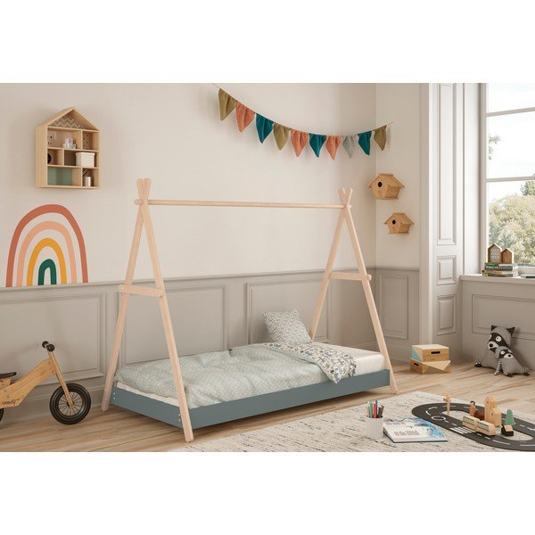 Domčeková detská posteľ z borovicového dreva s roštom 90x200 cm v prírodnej farbe/sivozelená Trufa – Marckeric-image-1