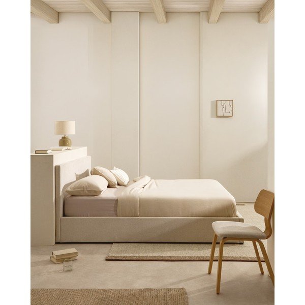 Béžová čalúnená dvojlôžková posteľ s úložným priestorom s roštom 160x200 cm Nahiri – Kave Home-image-1