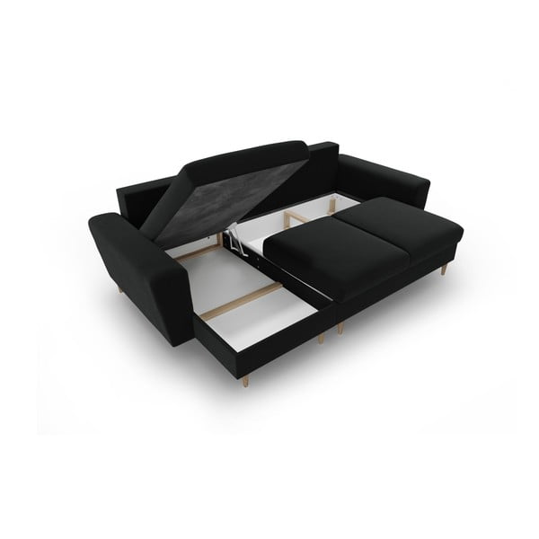 Čierna zamatová rozkladacia/s úložným priestorom rohová pohovka Kyoto – Cosmopolitan Design-image-3