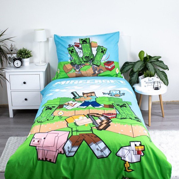 Zeleno-modré bavlnené detské obliečky na jednolôžko 140x200 cm Minecraft "Outdoor Mobs" – Jerry Fabrics-image-1