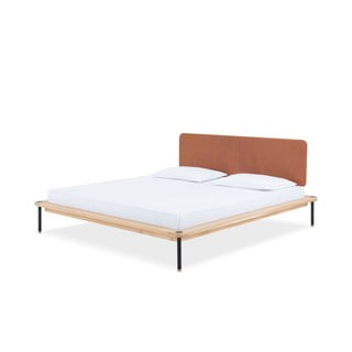 Hnedá/v prírodnej farbe čalúnená dvojlôžková posteľ z dubového dreva s roštom 140x200 cm Fina - Gazzda
