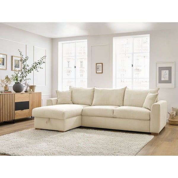 Krémová menčestrová rozkladacia rohová pohovka (variabilná) Augustin – Bobochic Paris-image-1