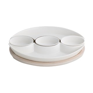 Sada 5 bielych servírovacích misiek z porcelánu na bambusovom podnose Brandani Plait
