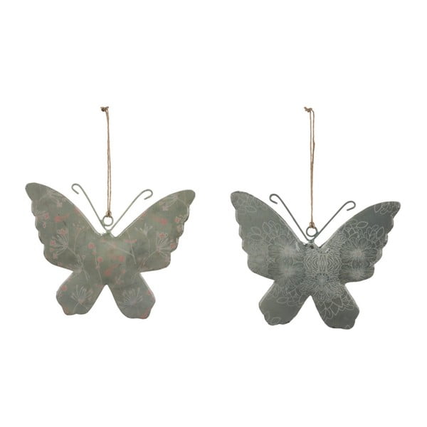 Sada 2 veľkých sivých závesných dekorácií z posmaltovaného kovu s motívom motýľov Ego Dekor, 15 × 11 cm