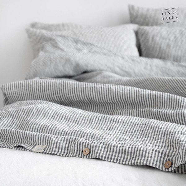 Biela/čierna ľanová obliečka na perinu na jednolôžko/predĺžená 140x220 cm Thin Black Stripes – Linen Tales-image-4