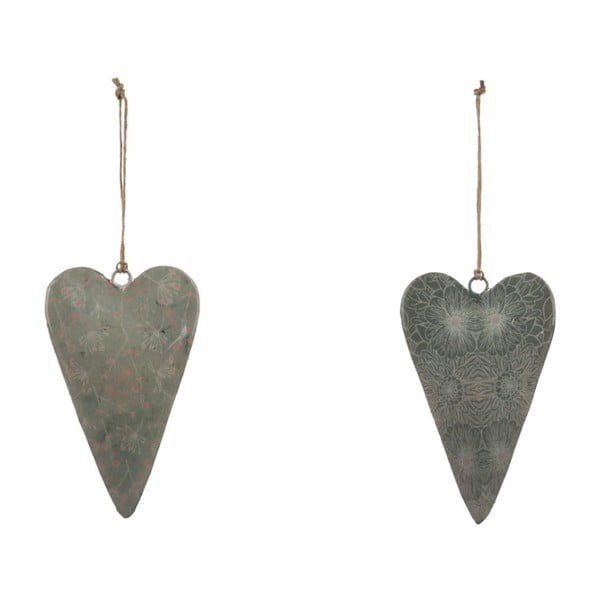 Sada 2 malých sivých závesných dekorácií z posmaltovaného kovu s motívom srdca Ego Dekor, 5 × 10 cm