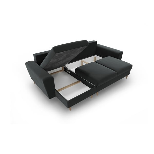 Tmavosivá zamatová rozkladacia/s úložným priestorom rohová pohovka Kyoto – Cosmopolitan Design-image-3