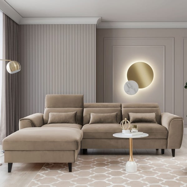 Svetlohnedá zamatová rozkladacia/s úložným priestorom rohová pohovka (ľavý roh/s leňoškou) Foble – ELTAP-image-1