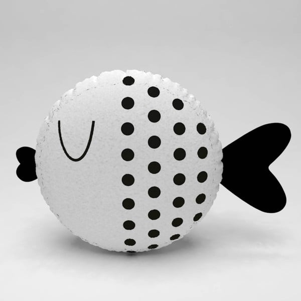 Biely vankúšik s čiernymi bodkami Fishie, ⌀ 32 cm