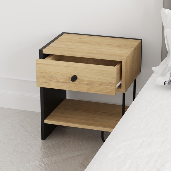 Čierny/v prírodnej farbe nočný stolík v dekore duba s poličkami Saturne – Marckeric-image-2