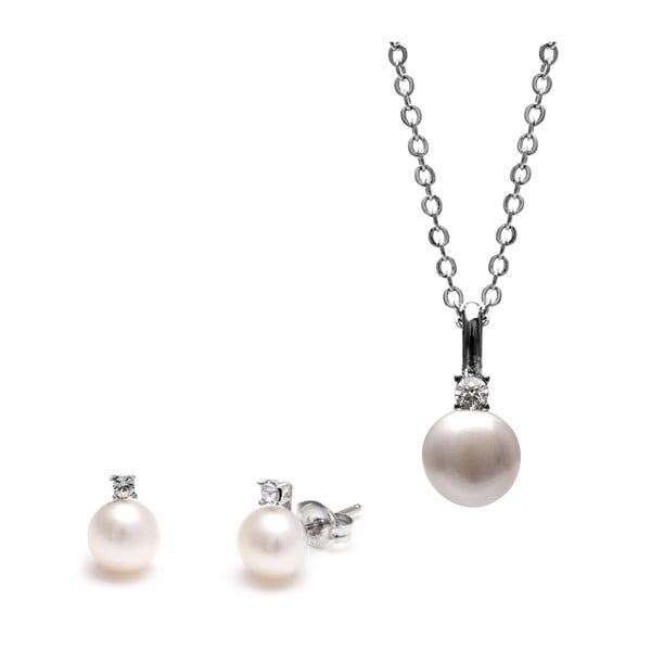 Sada náhrdelníka a náušníc s bielou perlou a Swarovského krištáľmi GemSeller Clussi
