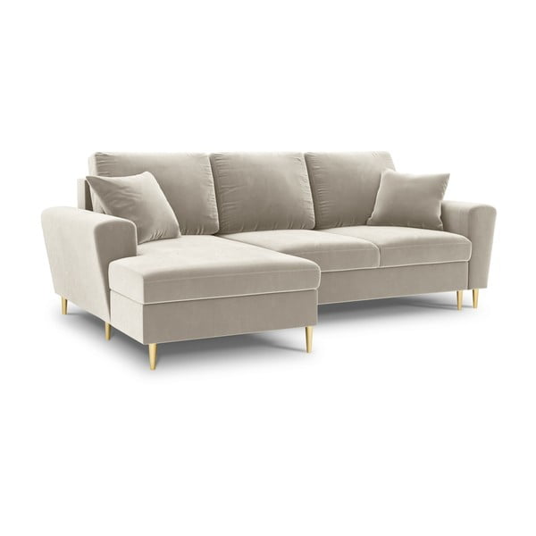 Béžová zamatová rozkladacia/s úložným priestorom rohová pohovka (ľavý roh/s leňoškou) Kyoto – Cosmopolitan Design-image-1