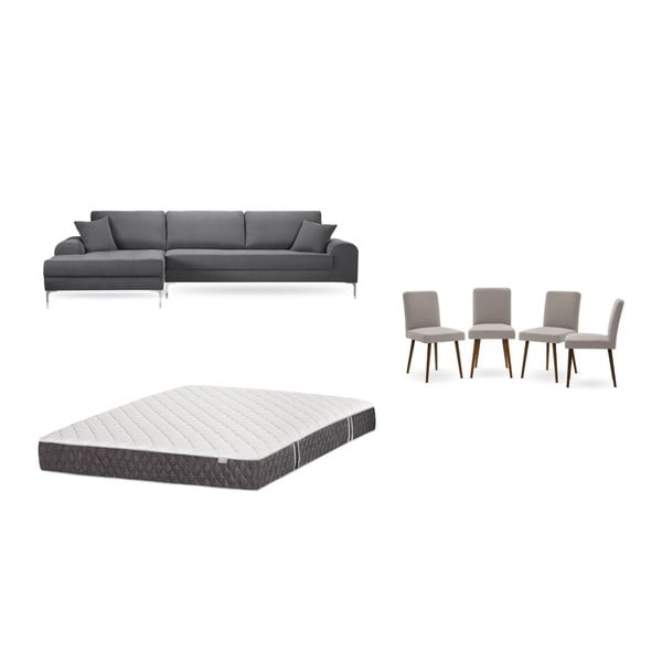 Set sivej pohovky s leňoškou vľavo, 4 sivobéžových stoličiek a matraca 160 × 200 cm Home Essentials