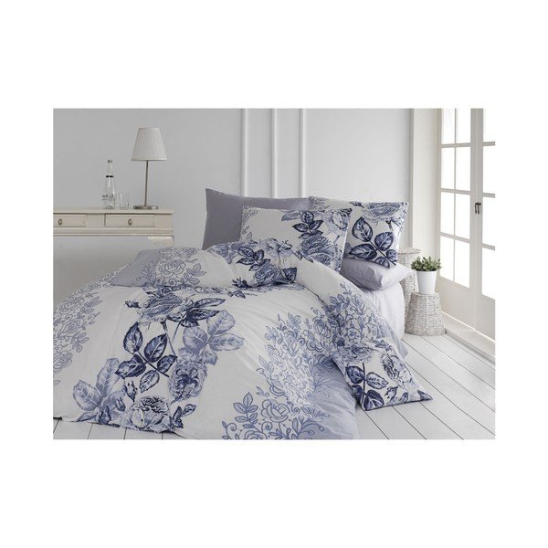 Modro-biele bavlnené obliečky s plachtou na dvojlôžko Lamer, 200 x 220 cm