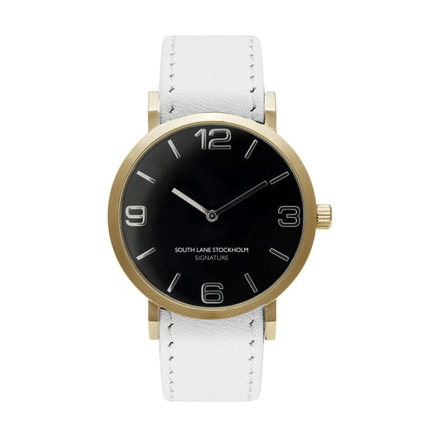 Unisex hodinky s bielym remienkom South Lane Stockholm Signature Black Gold Big Leather