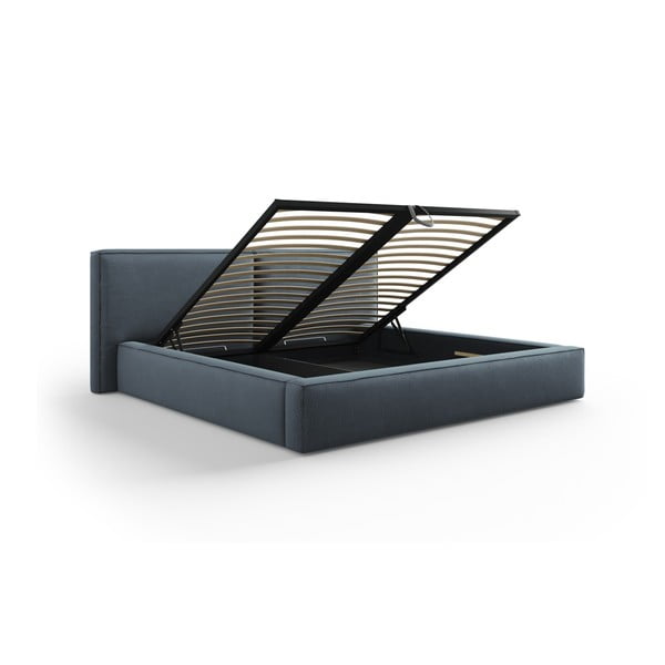Tmavomodrá čalúnená dvojlôžková posteľ s úložným priestorom a roštom 160x200 cm Arendal – Cosmopolitan Design-image-3