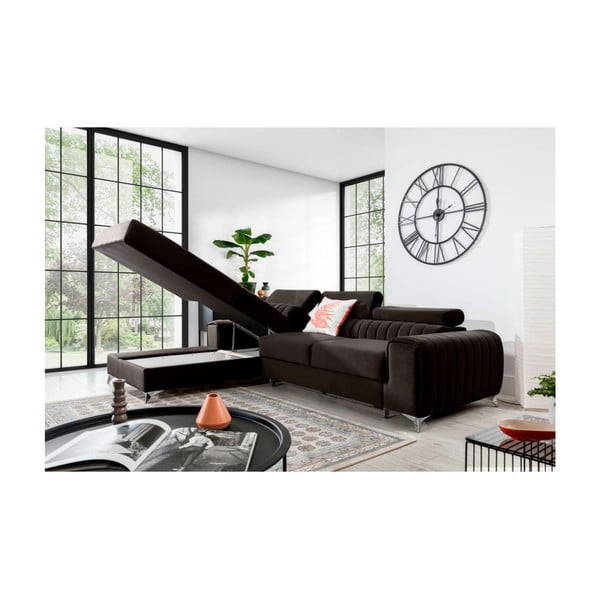 Tmavohnedá zamatová rozkladacia/s úložným priestorom rohová pohovka (ľavý roh/s leňoškou) Grayson – ELTAP-image-3