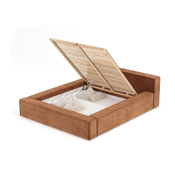 Oranžová čalúnená dvojlôžková posteľ s úložným priestorom s roštom 140x200 cm Voliera – Maison de Rêve-image-2