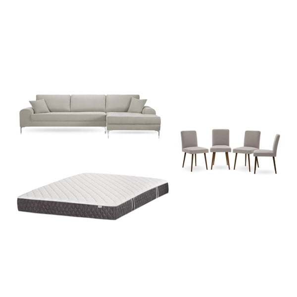 Set krémovej pohovky s leňoškou vpravo, 4 sivobéžových stoličiek a matraca 160 × 200 cm Home Essentials