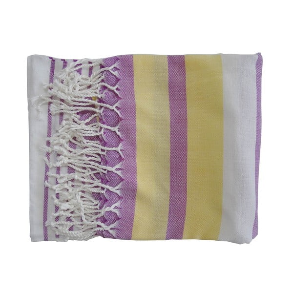 Fialovo-žltá ručne tkaná osuška z prémiovej bavlny Rio, 100 × 180 cm