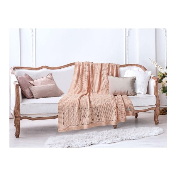 Lososovoružová bavlnená deka Madame Coco Crochet, 130 × 170 cm