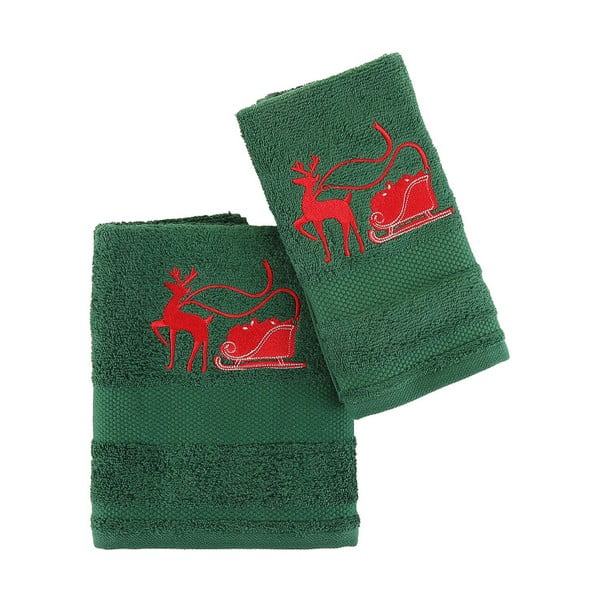 Sada 2 zelených uterákov s vianočným motívom Reindeer Christmas