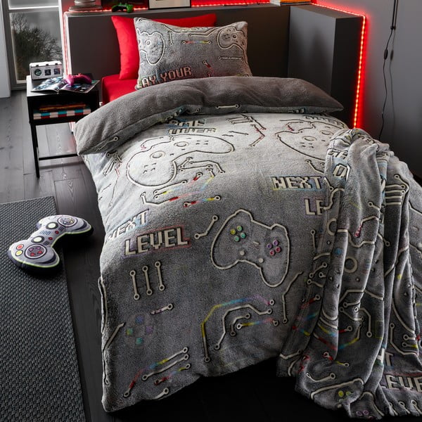 Sivá detská deka so svietiacim efektom z mikroplyšu 130x170 cm Game Over – Catherine Lansfield-image-1