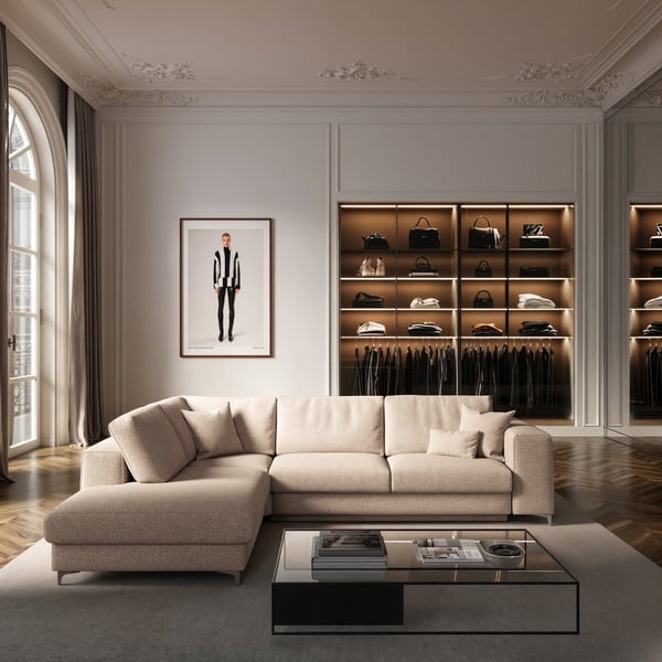 Béžová rozkladacia/s úložným priestorom rohová pohovka z textílie buklé (ľavý roh/do L) Rene – Rodier-image-1