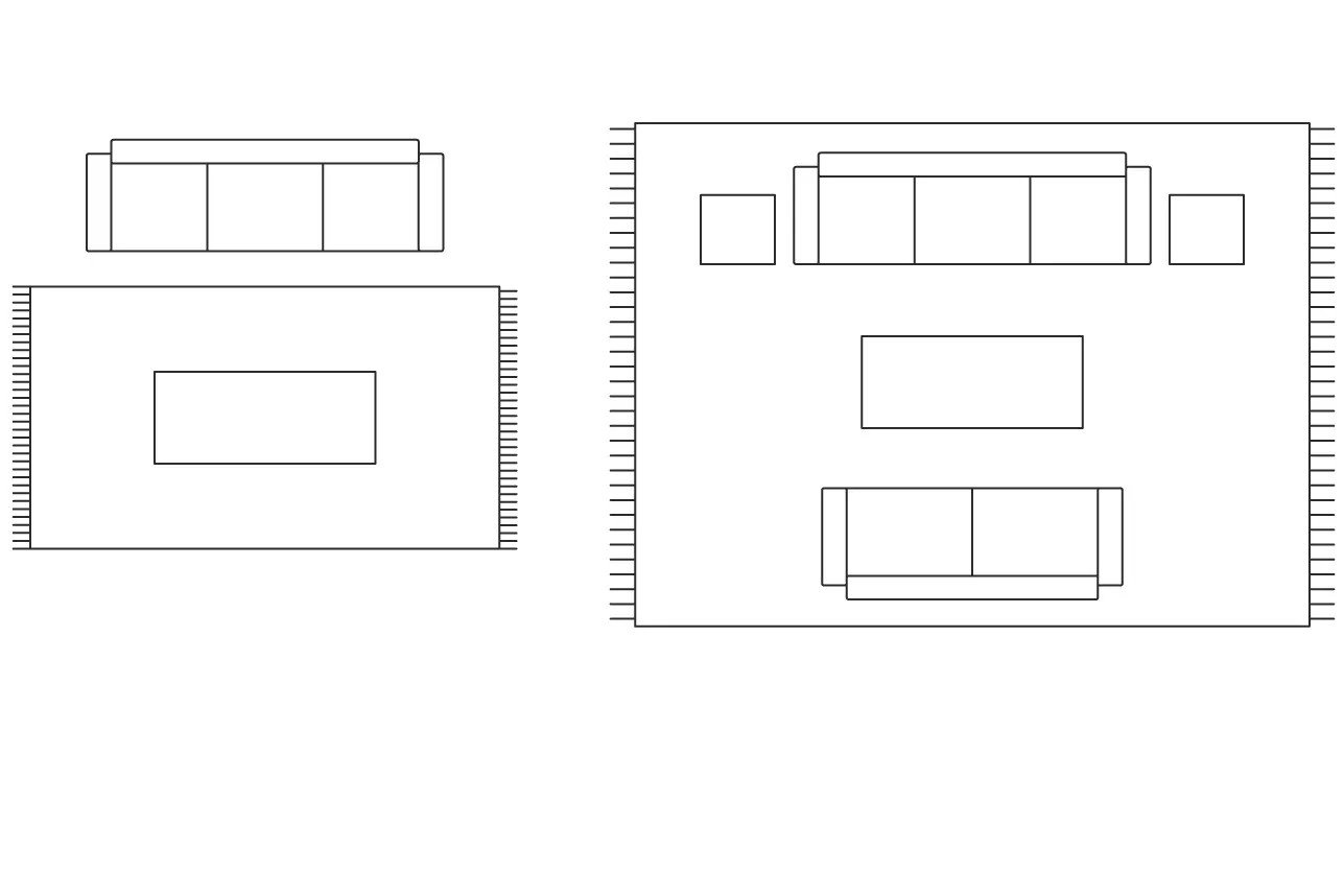 Pre väčšiu obývaciu izbu hľadajte koberec, ktorý bude presahovať sedaciu plochu nábytku.