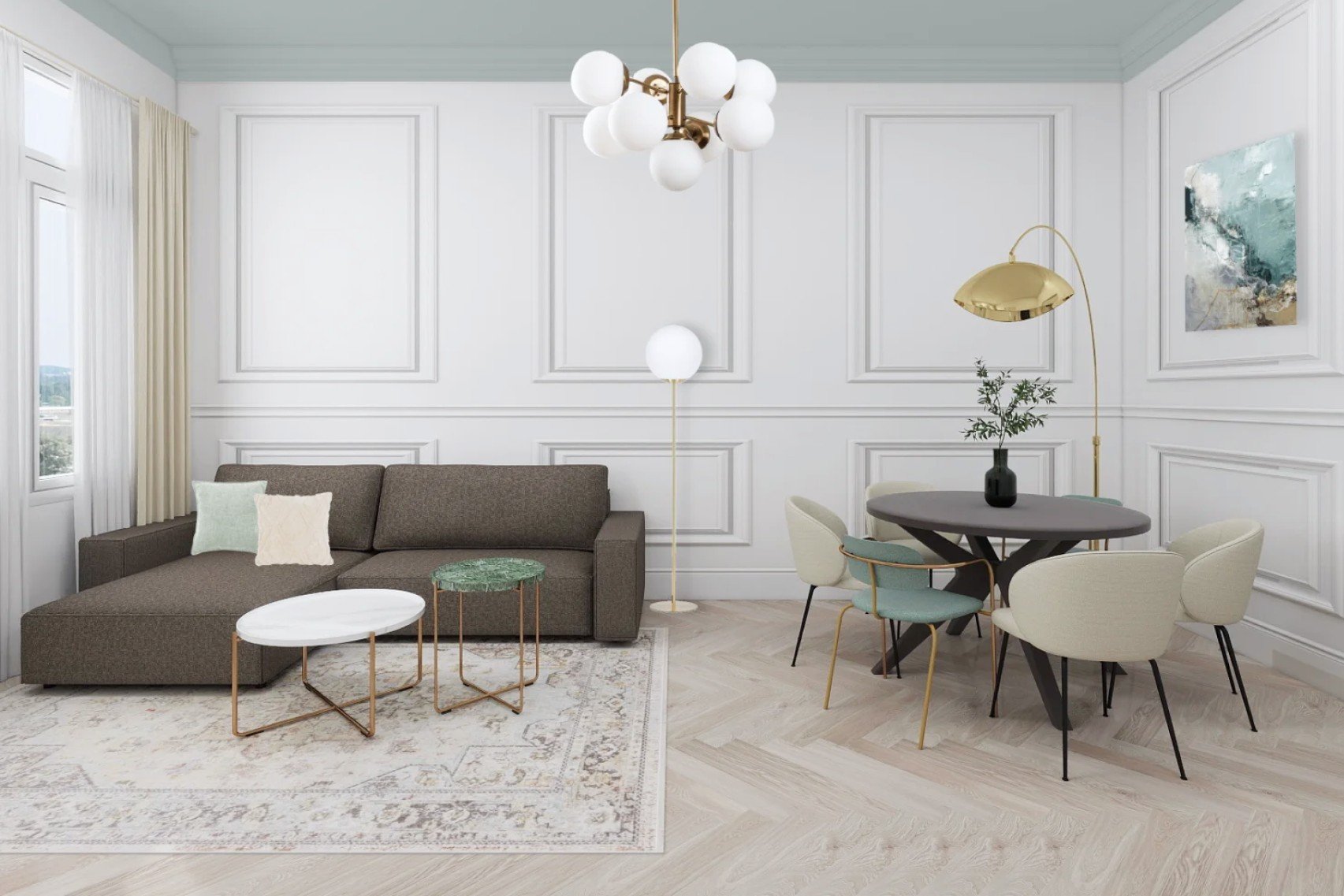 Návrh obývacieho priestoru pracuje s vysokým stropom, symetriou a jemnými glamour detailmi.