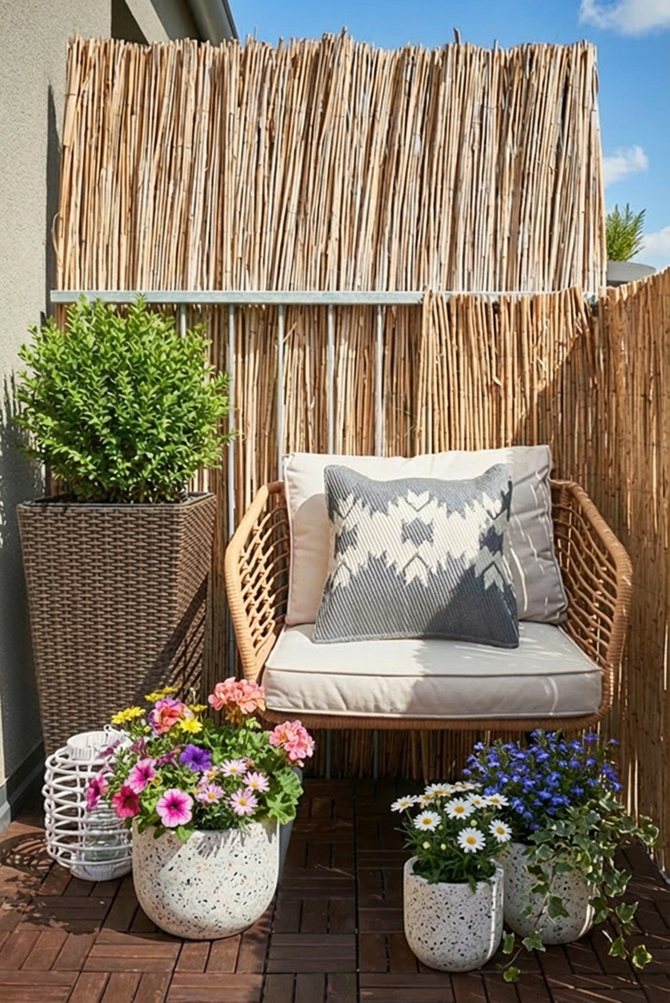 Súkromie ľahko vytvoríte pomocou prírodnej zásteny z bambusu alebo tŕstia, ktorá zároveň dodá priestoru útulnosť.