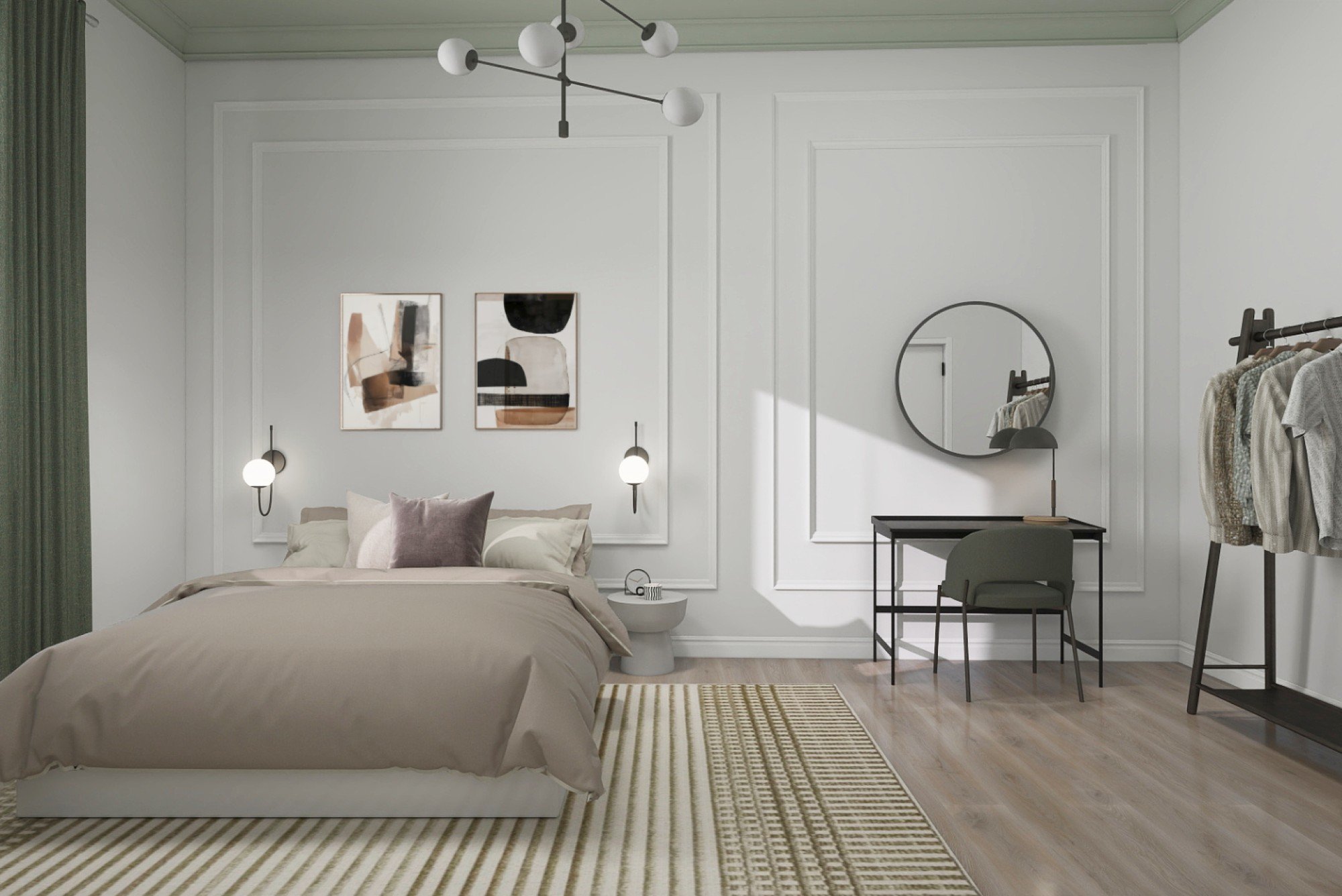 Návrh pracuje s jemnou farebnosťou a šikovným rozdelením priestoru, kde spálňa a pracovný kút fungujú prirodzene vedľa seba.