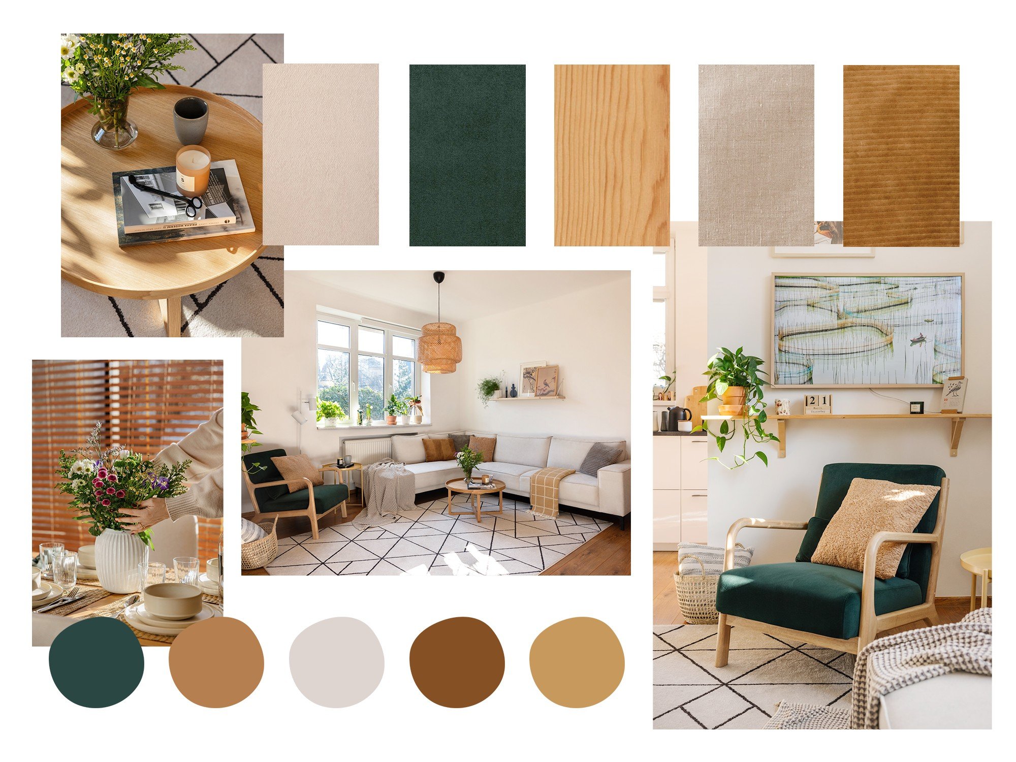 Farebná a materiálová paleta v Jirkovom byte.