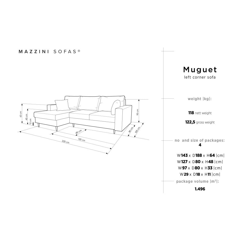 Obrázok Tmavosivá štvormiestna rozkladacia pohovka s úložným priestorom Mazzini Sofas Muguet, ľavý roh