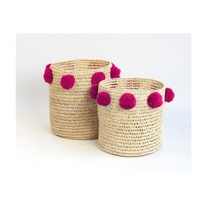 Sada 2 úložných košíkov z palmových vlákien s tmavoružovými dekoráciami Madre Selva Milo Basket