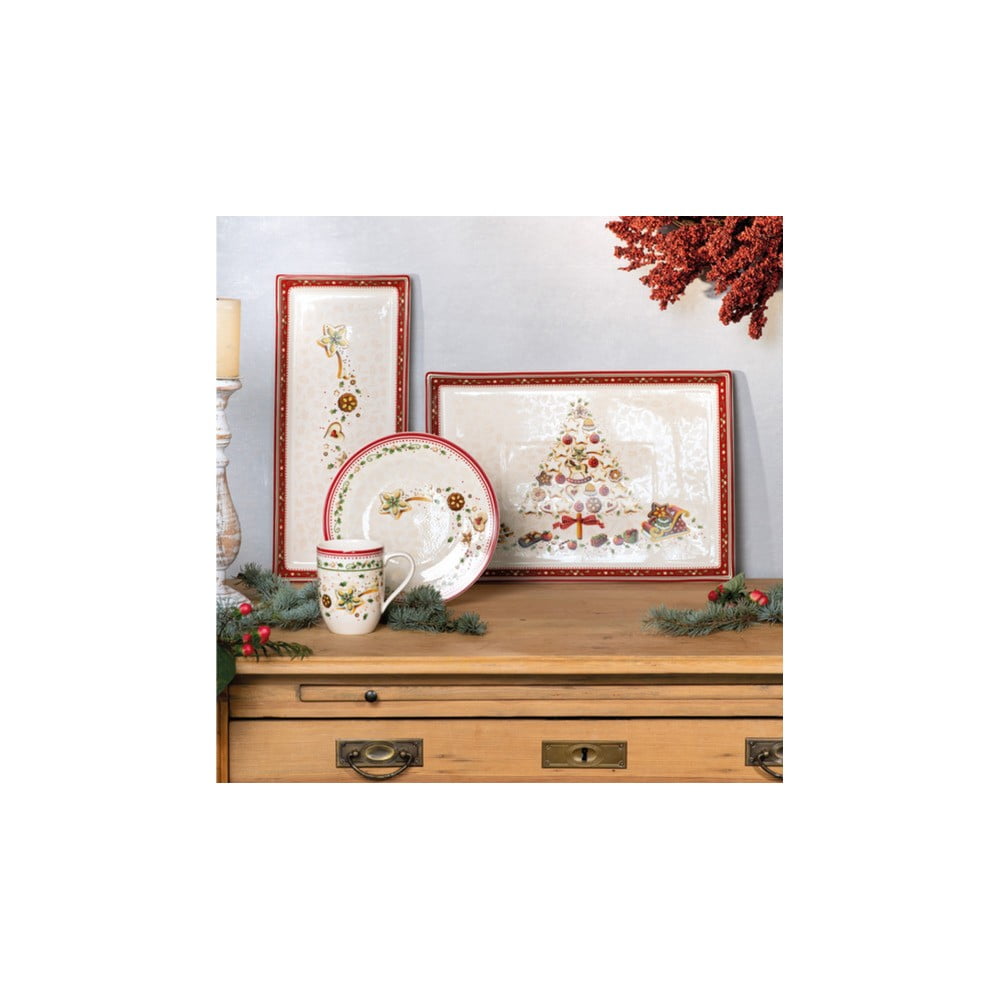 E-shop Červený a béžový porcelánový tanier s vianočným motívom Villeroy & Boch, 39,7 x 17,3 cm