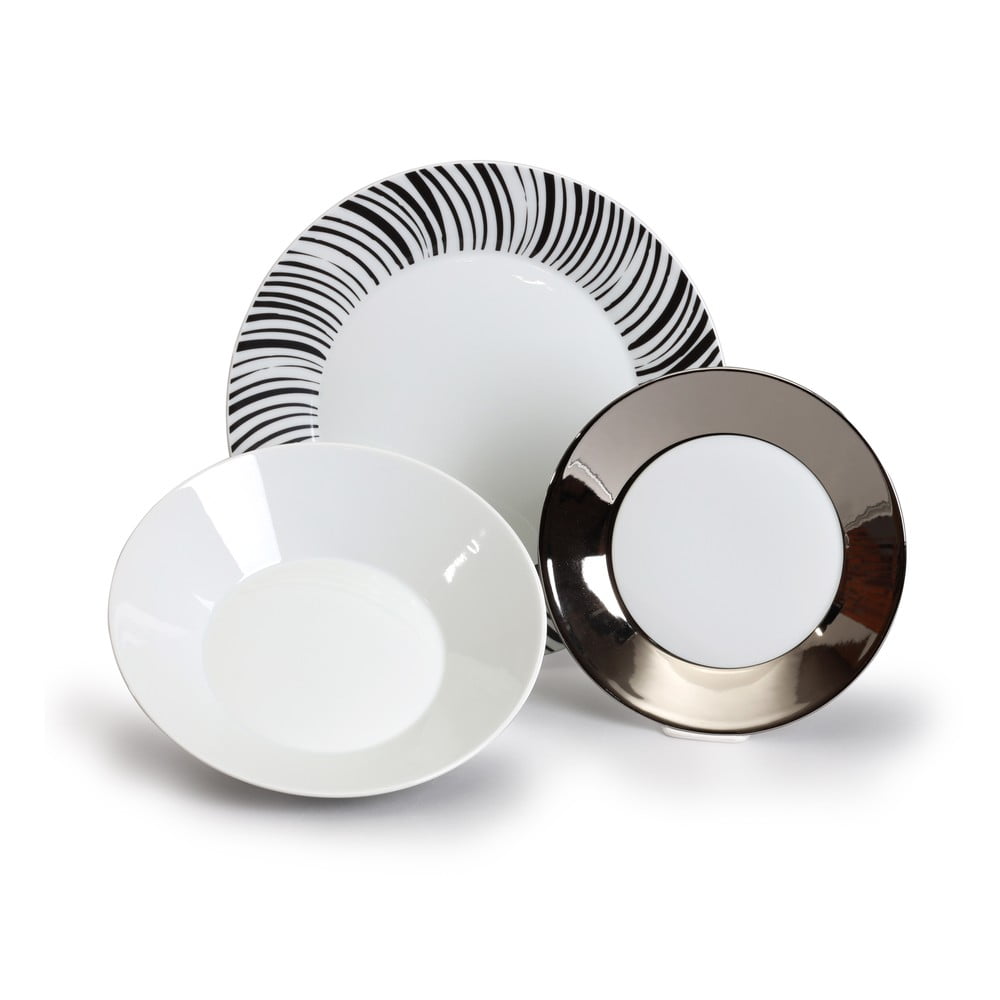 E-shop Súprava 18 porcelánových tanierov s čiernymi prúžkami Thun Tom