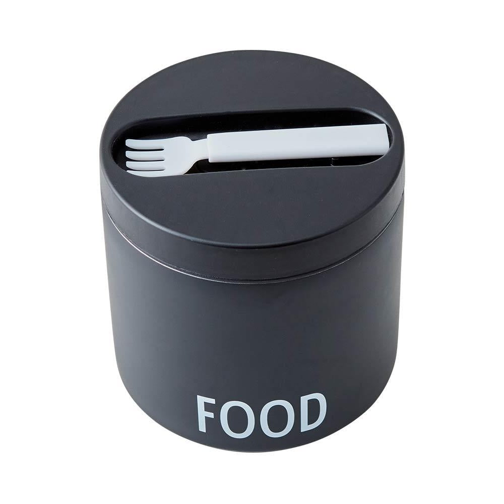 Čierny desiatový termobox s lyžicou Design Letters Food, výška 11,4 cm