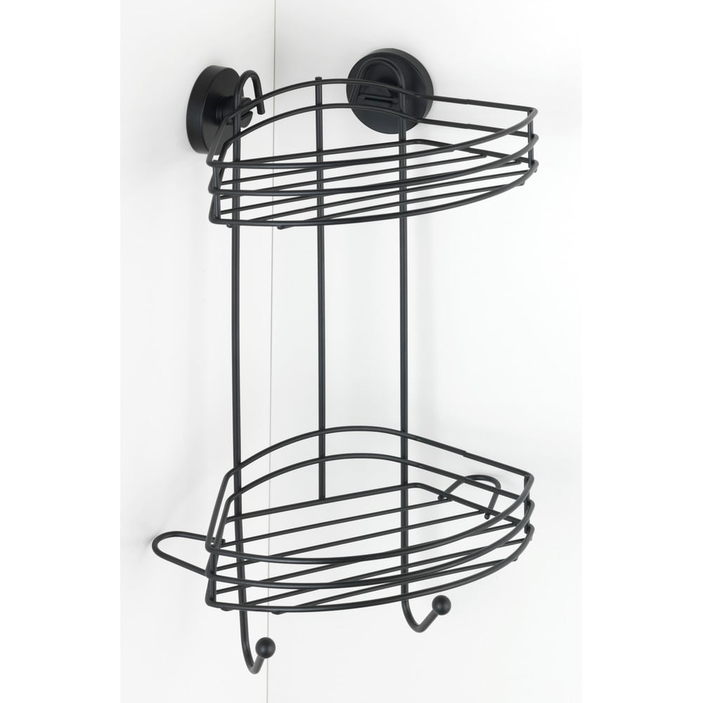 E-shop Čierna rohová dvojposchodová polička do kúpeľne Wenko Vacuum-Loc® Pavia, výška 43 cm