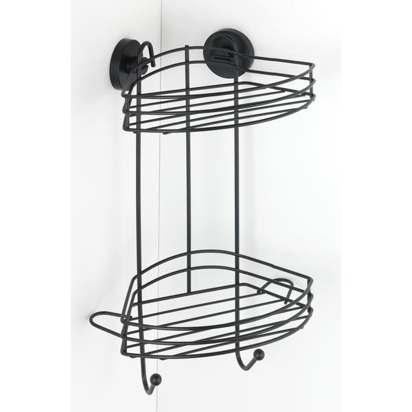 Čierna rohová dvojposchodová polička do kúpeľne Wenko Vacuum-Loc® Pavia, výška 43 cm