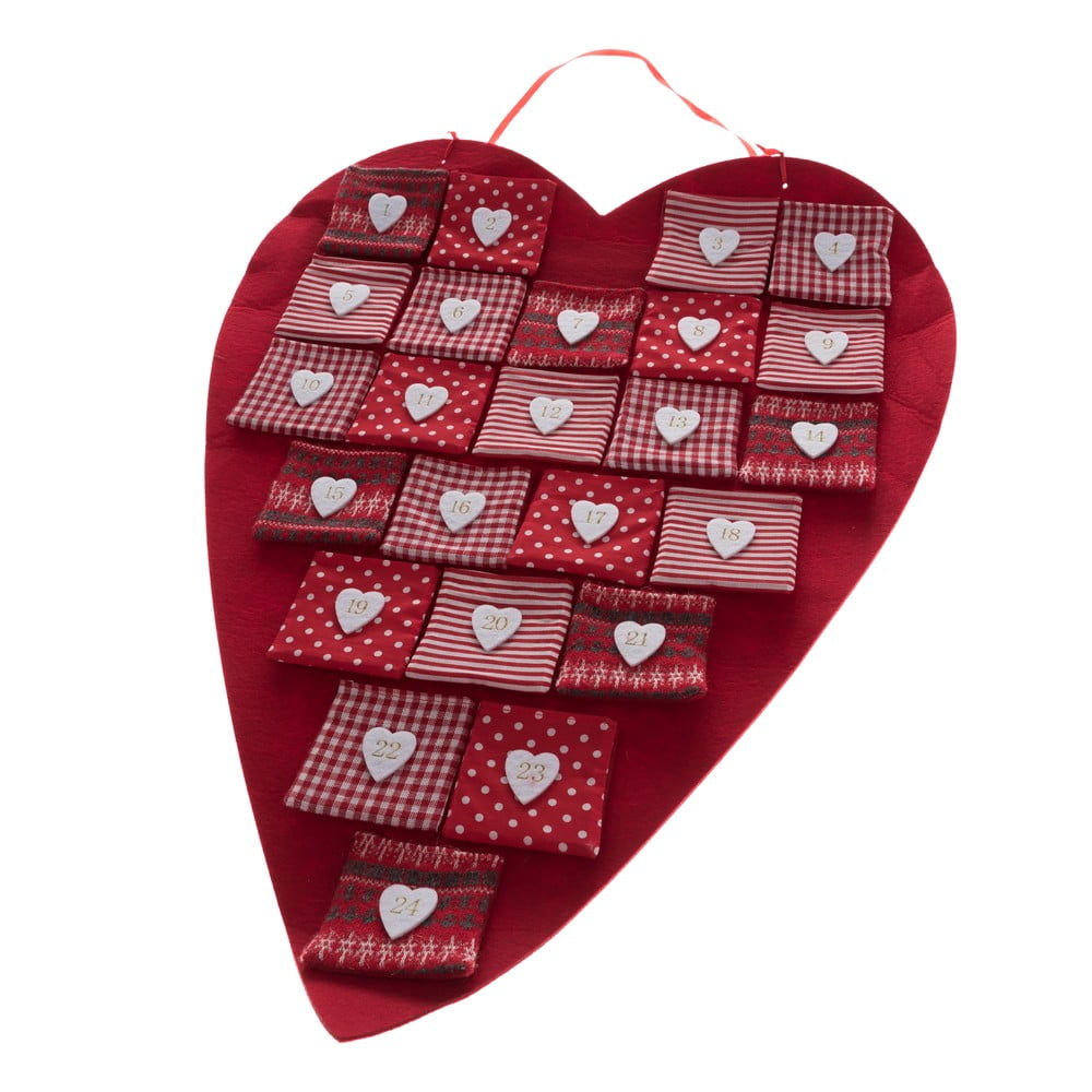 E-shop Červený textilný adventný kalendár v tvare srdca Dakls, dĺžka 68 cm