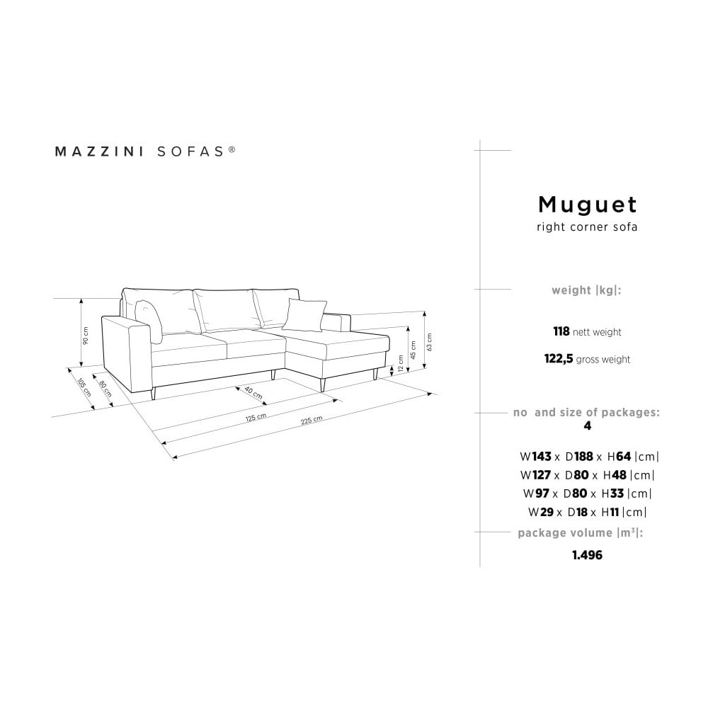 Obrázok Modrá štvormiestna rozkladacia pohovka s úložným priestorom Mazzini Sofas Muguet, pravý roh