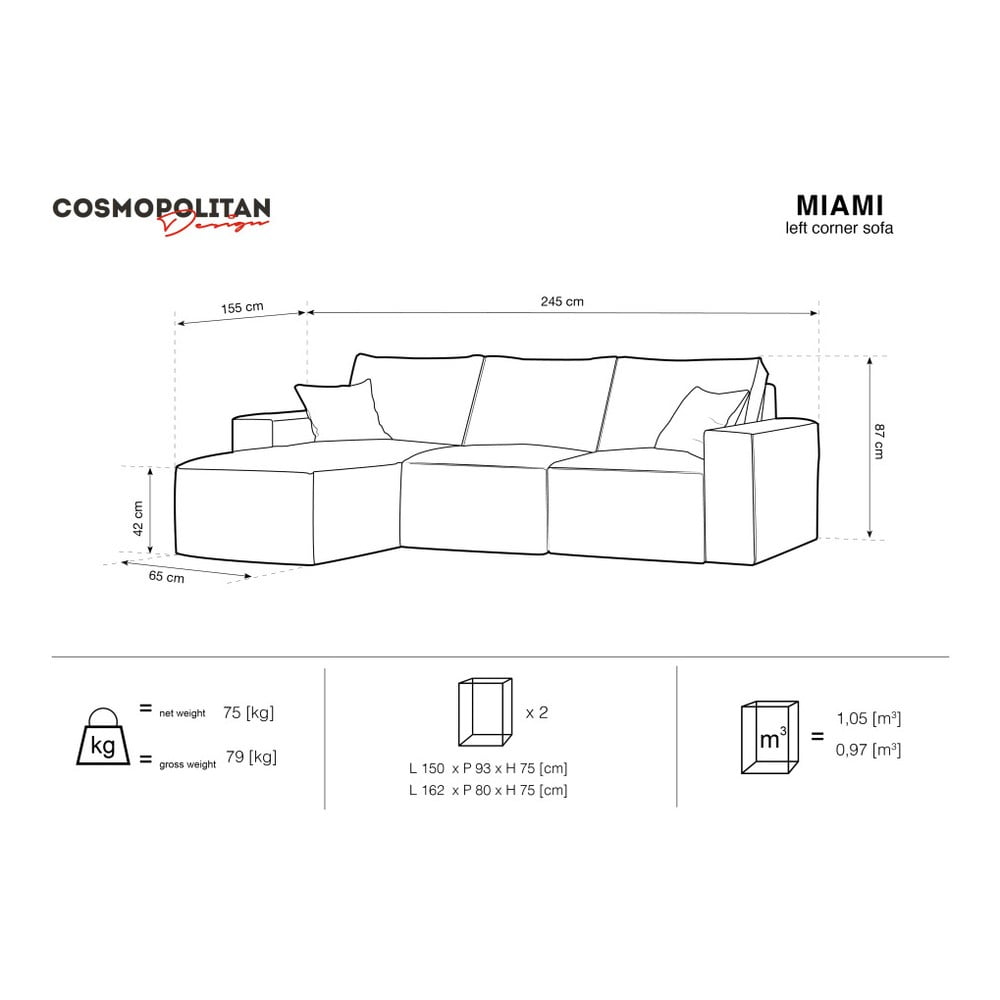 Obrázok Sivá rohová pohovka Cosmopolitan Design Miami, ľavý roh